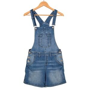 liquid x Women's High Rise Distressed Denim Overall Shorts Romper Blue M